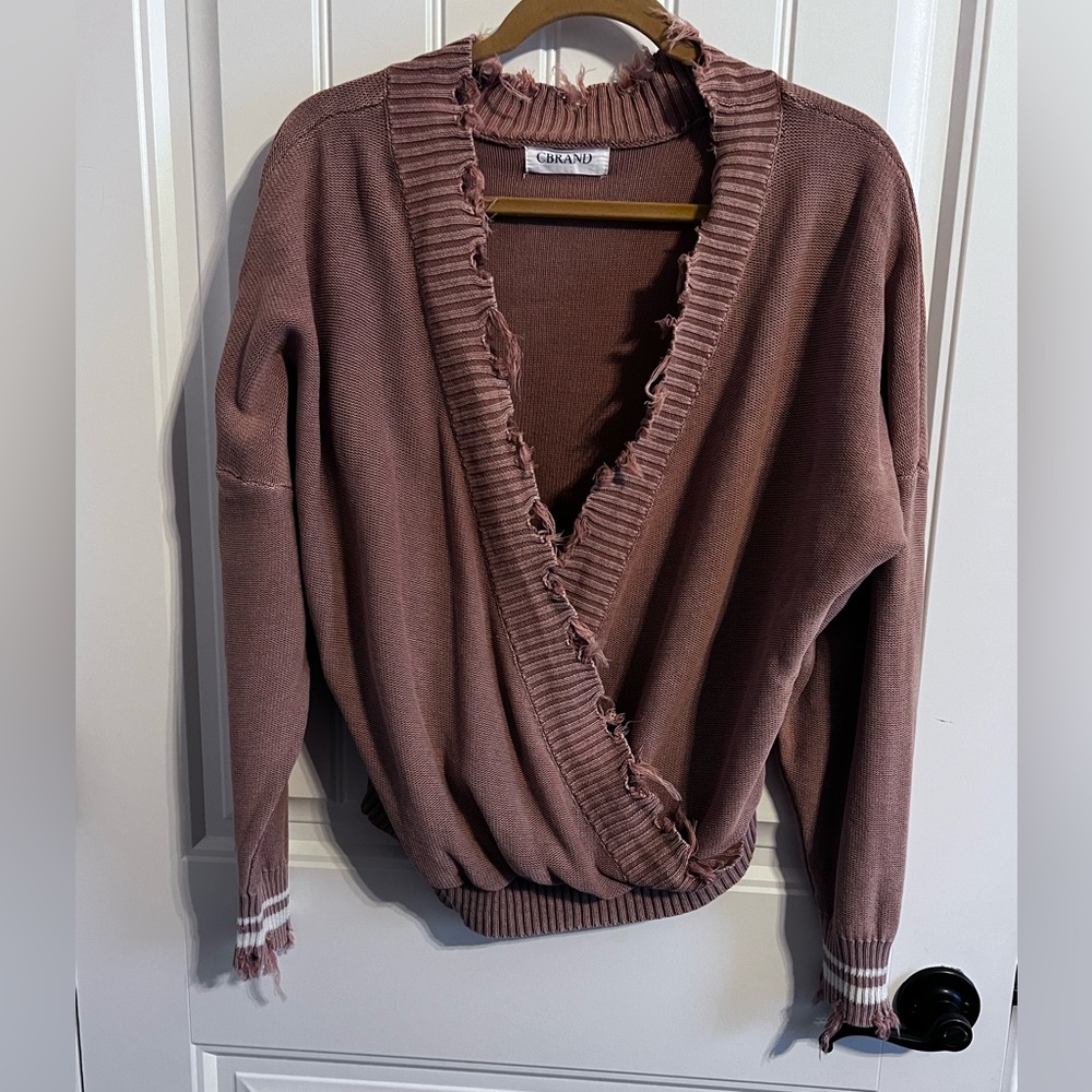 Cbrand Women’s Distressed Tan Crossover Pullover Sweater. Size L/XL